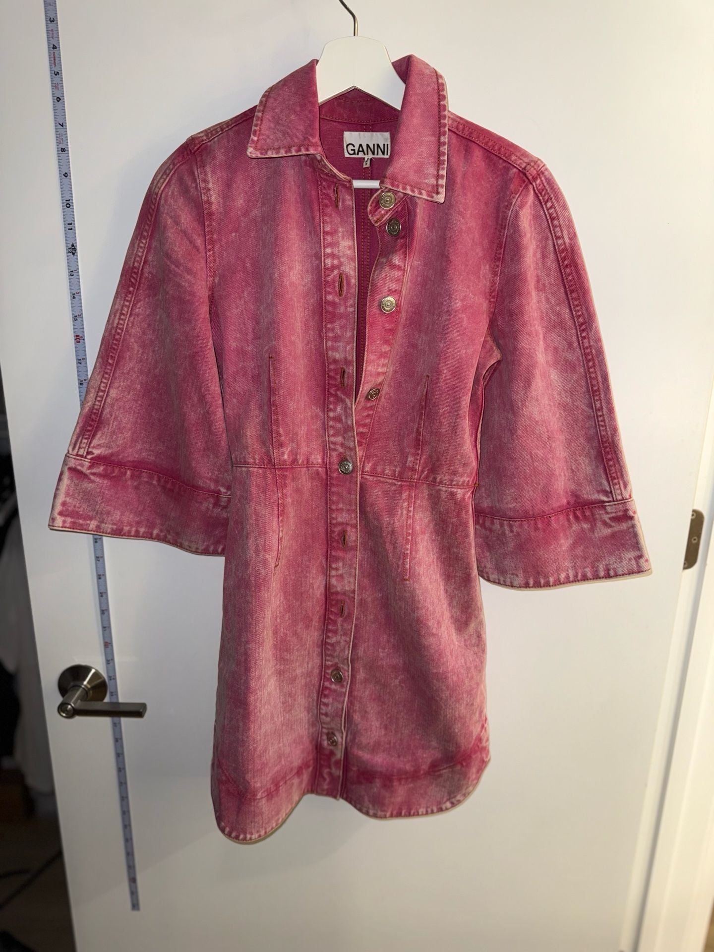 Ganni Pink Acid Wash Denim Button-Down Mini Dress Size 32
